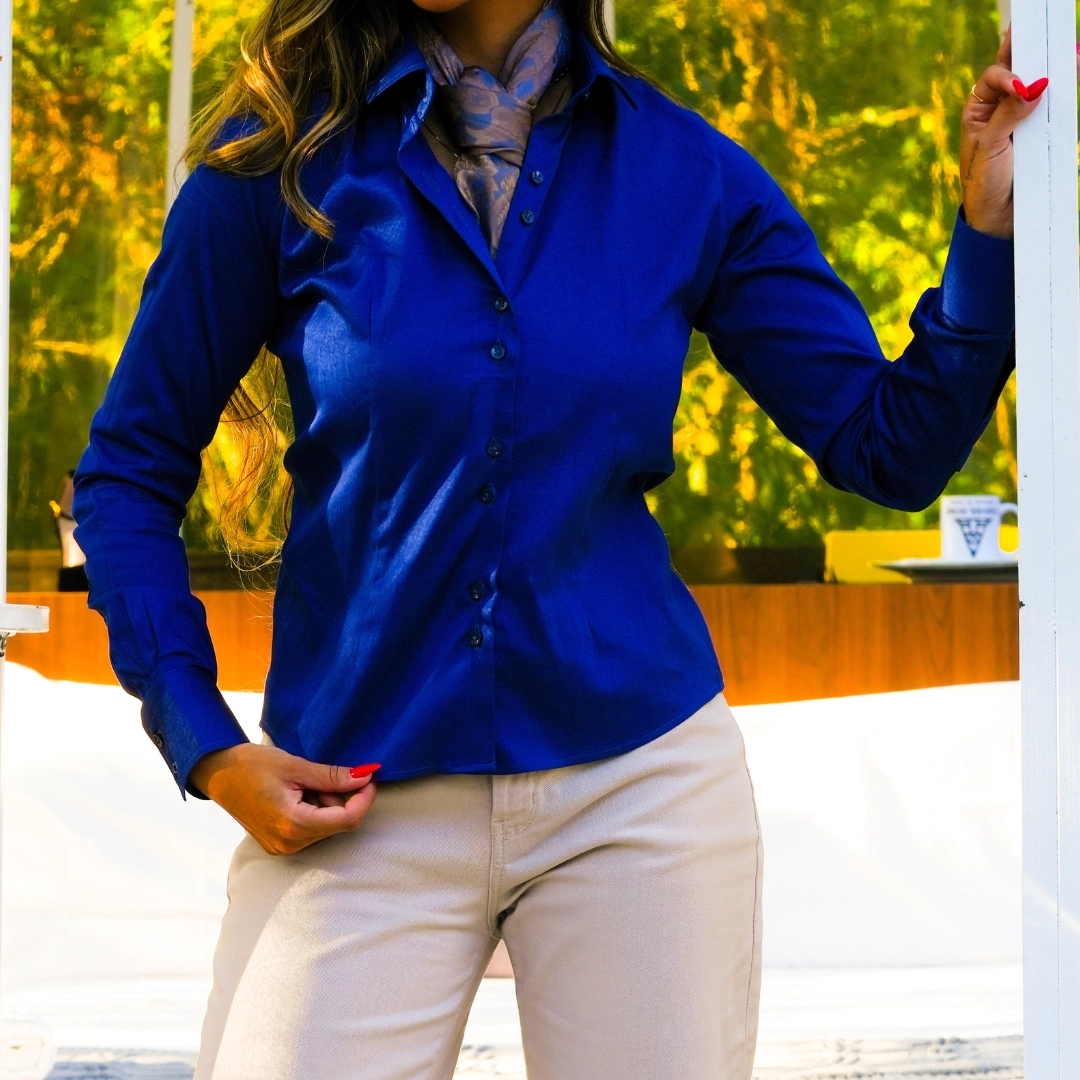 CAMISA ALGODÃO ACETINADO C/ ELAS FEMININA Azul Royal